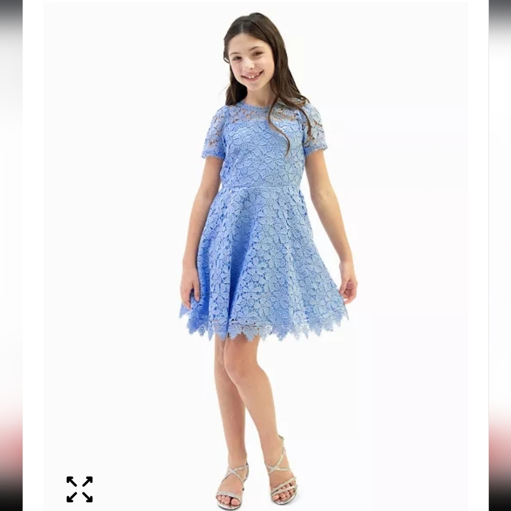 Rare Editions Fit n Flare Dress In Sky Blue with All Over Lace Size 12